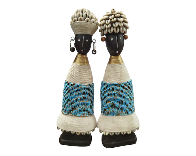 On Sale Handcrafted African Namich Doll with Blue & Gold Beadwork and Cowrie Shells (Set of 2) Celebrating Childhood Symbolic Console decor