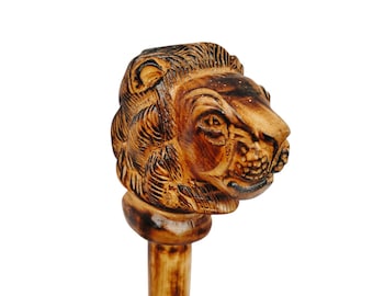 African Lion Head Walking Cane: Hand Carved Wooden Maasai Stick