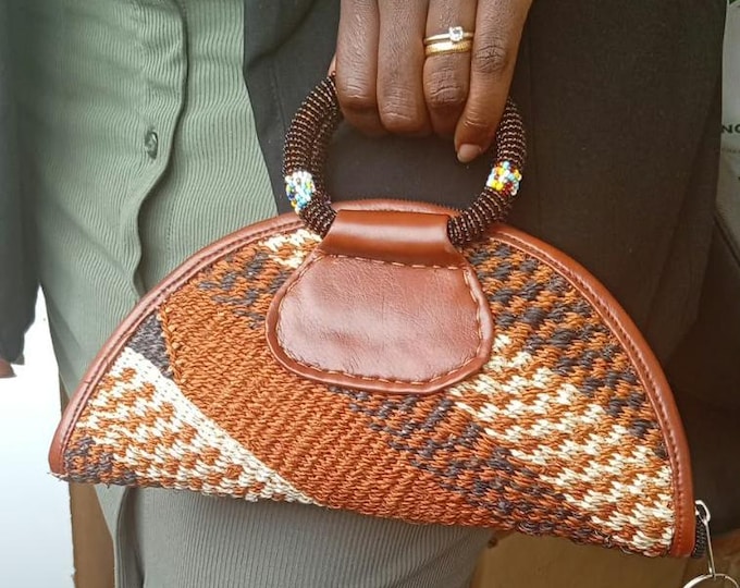 Handwoven African Sisal Dinner Handbag, Beaded Handle Half Moon Clutch, Brown Woven Evening Purse, Boho Chic Gift for Her