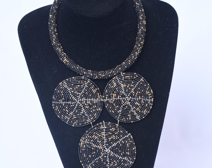 On SALE  Elegant Black Beaded Necklace with Gold & Silver Disc Pendants - Handcrafted Art| Stylish | Gift for Her | Masai Mara