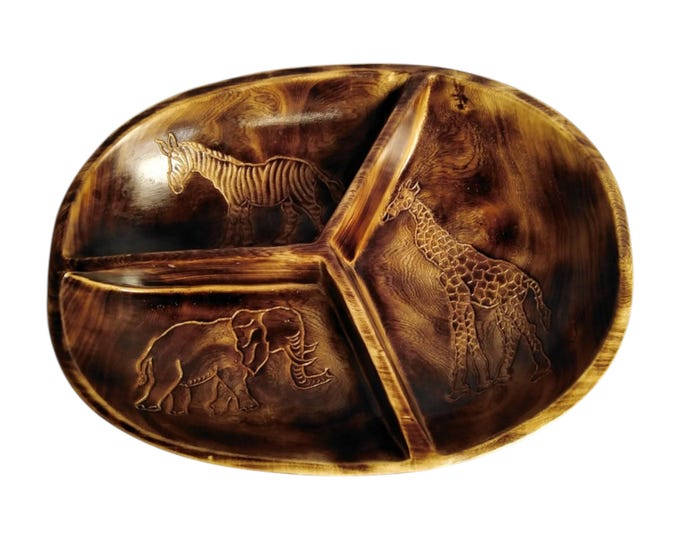 Hand-Carved Wooden Safari Bowl, 3-Section Appetizer Dish with Engraved Elephant Zebra Giraffe, African Tribal Serving Platter
