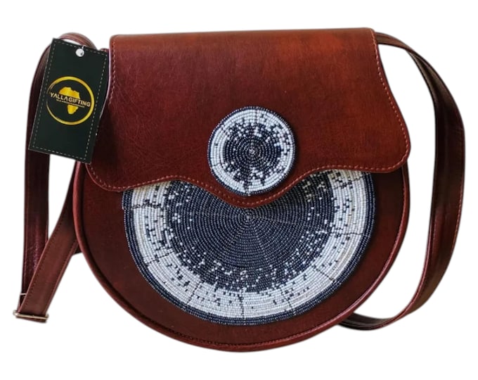 Handcrafted African Beaded Leather Crossbody Bag, Brown Saddle Bag with Blue White Beadwork, Boho Travel Purse Gift