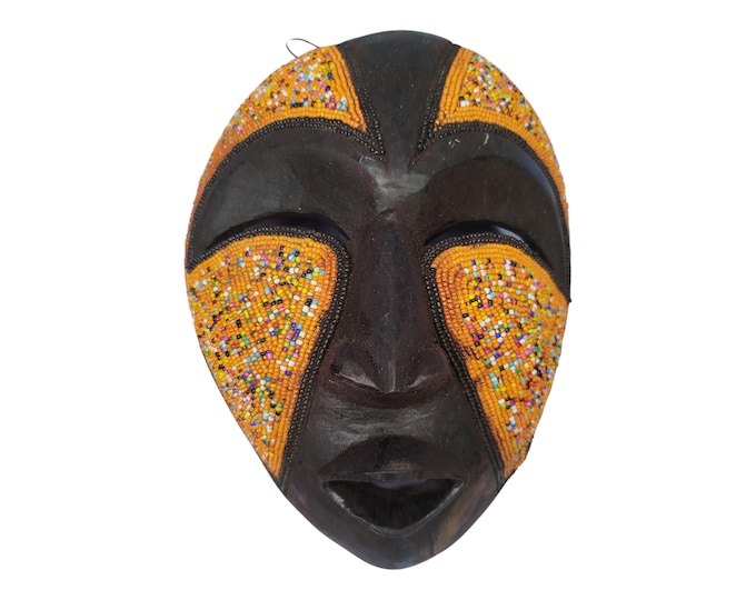 ON SALE!!  Ancestral Radiance: Hand-Carved & Beaded African Mask in Orange and Black Wall Decor Display Wall Hanging Ceremonial