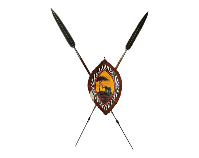 Samburu Legacy: Spears and Shield for Hunt & Home Décor (Elephant Dawn) 1 shield of your choice and 2 Samburu Spears Brown