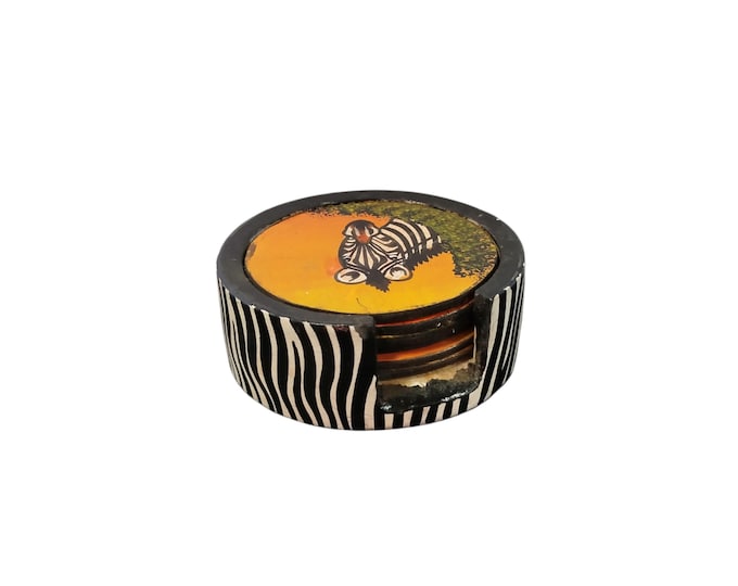 On sale!! Hand-Painted Wooden Coaster Set with Zebra Motif - African Art Decor |Traditional Decor| Home Decor