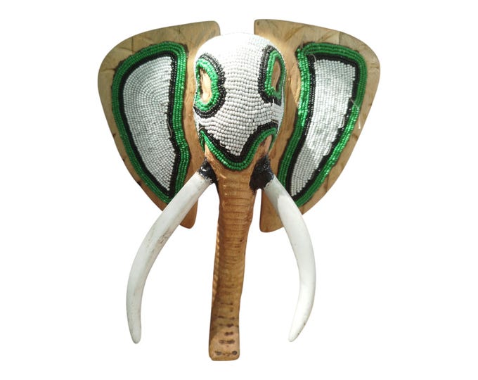 On Sale Beaded Elephant Mask Wall Decor -  Boho Animal Theme Wisdom Cultural Significance African Wall Hanging Ceremonial green white Black