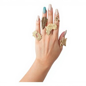 Set Of 5 Brass Boho Rings Africa Map Feather Treble Clef Butterfly Statement Jewelry Unique Summer Outdoor Birthday Wedding Gift For Her Wow