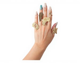 Set Of 5 Brass Boho Rings Africa Map Feather Treble Clef Butterfly Statement Jewelry Unique Summer Outdoor Birthday Wedding Gift For Her Wow