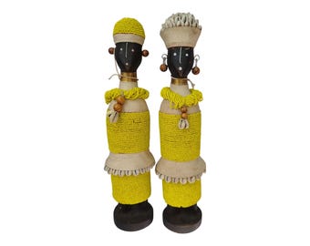 On Sale Handcrafted Yellow & White African Namich Dolls with Cowrie Shells Celebrating Childhood Symbolic Cultural African Console decor