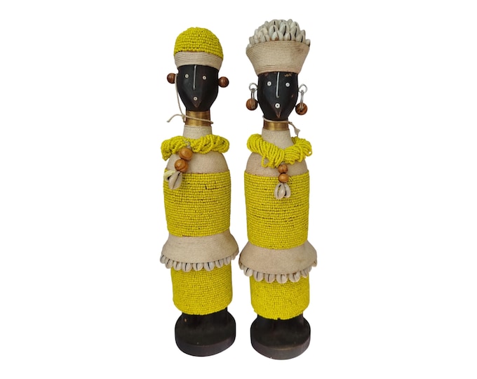 On Sale Handcrafted Yellow & White African Namich Dolls with Cowrie Shells Celebrating Childhood Symbolic Cultural African Console decor