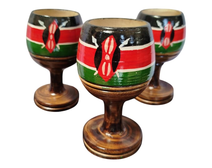 On sale !! Hand-Painted Wooden Goblets with Kenyan Flag Design - Set of Three |Traditional Decor| Home Decor