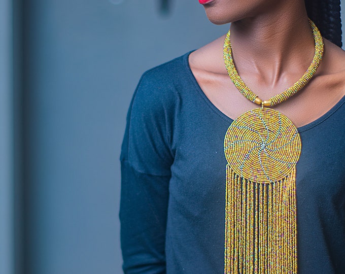 Beaded Gold African Necklace | Maasai Traditional | Gift for Her