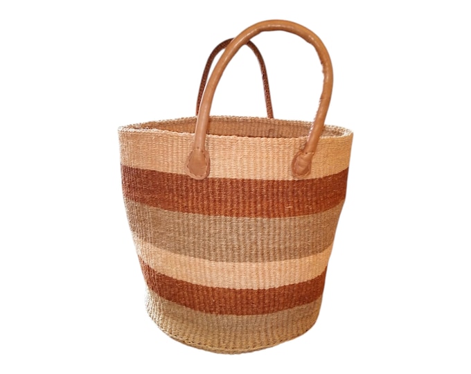 African Sisal Kiondo Handbag Brown Beige Beach Bag Handmade Unique Gift African Decor Shopping Bag Laundry Basket Fiber Art