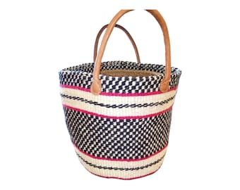 African Sisal Kiondo Handbag Black, Pink, and White Beach Bag Handwoven Gift African Decor Shopping Bag Laundry Basket