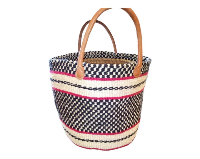 African Sisal Kiondo Handbag Black, Pink, and White Beach Bag Handwoven Gift African Decor Shopping Bag Laundry Basket