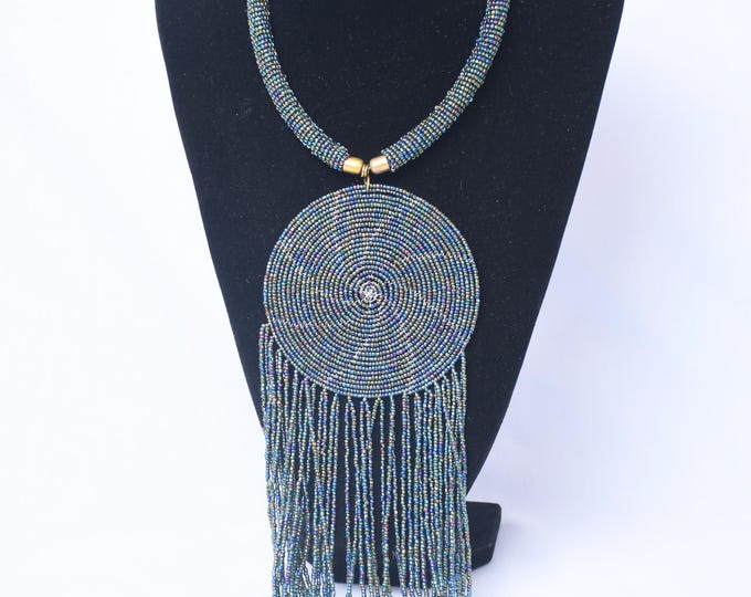 On SALE African  Mesmerizing Iridescent Beaded Necklace with Large Disc Pendant & Tassels | Stylish | Gift for Her | Masai Mara
