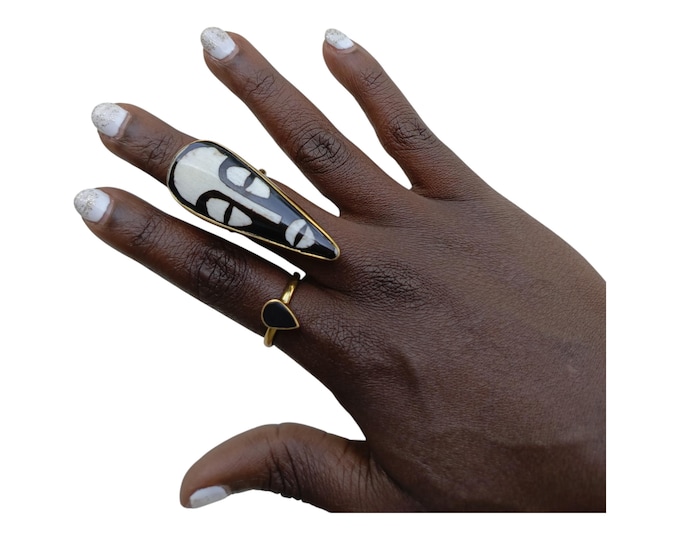 On sale A Set of 2 African   Tribal Face Mask & Teardrop Stone Ring Set - Unique Handcrafted Rings | Gift for her | Stylish