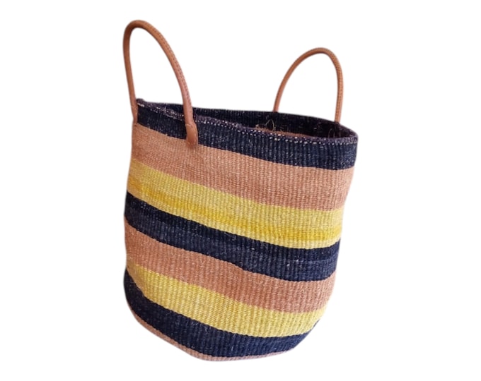 African Sisal and Leather Handbag Kiondo Yellow and Black Planter Handmade Gift African Decor Shopping Bag Laundry Basket