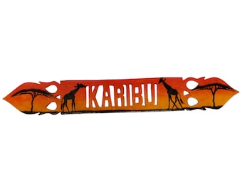 On sale!!  Hand-Carved Wooden "Karibu" Sign with Sunset Giraffe & Savanna Motif - African Decor|Traditional Decor| Home Decor