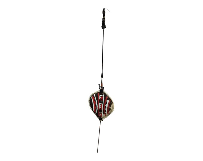 Hand Painted Masai Shield & Spear Tribal Art Wall Decor Kenya Red White Tan Black Geometric Display