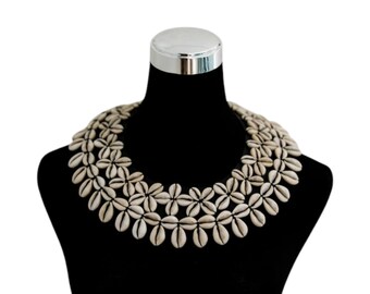 Natural Cowrie Shell Fringe Necklace, Handcrafted African Choker Bib, Layered Shell Dangle