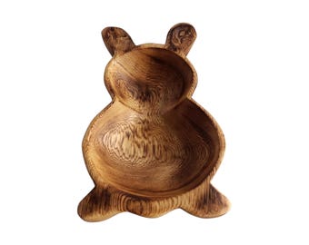 Hand-Carved Wooden Rabbit Bowl, Rustic Easter Decor