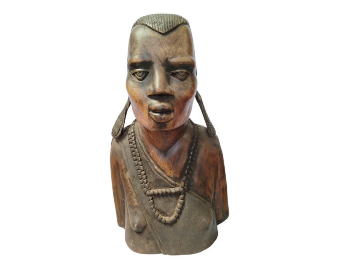 On sale!Hand-Carved Wooden African Warrior Bust with Traditional Adornments - Cultural Art Decor|Traditional Decor|home Decor