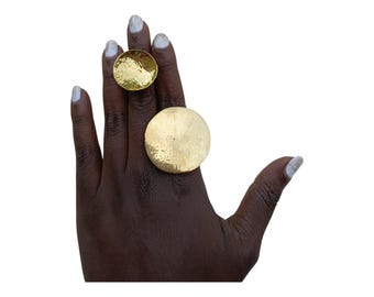 On sale A Set of 2  Bold Hammered Brass Disc Ring Set - Statement Geometric Jewelry|Stylish| Hand jewelry| Gift for her
