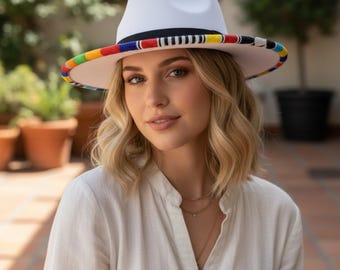 White Wool Fedora Hat with Multi-Color African Beaded Brim - Boho Festival Statement Hat