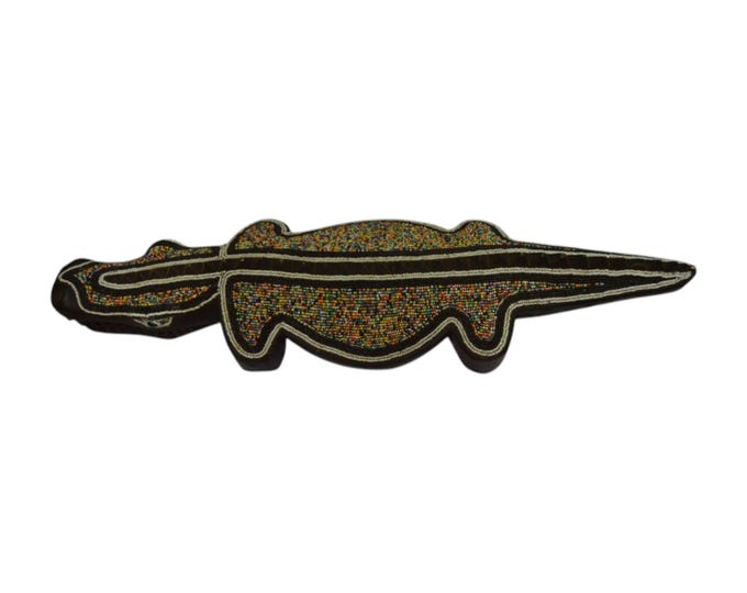 Hand Carved Beaded Crocodile Sculpture, Ebony Wood African Folk Art Statue, Unique Safari Animal Collectible, Multicolored Table Decor Gift