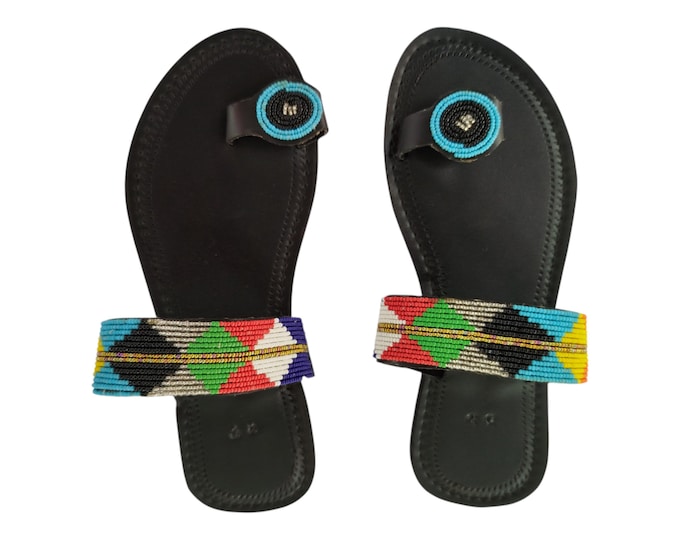Striking Colorful Toe Loop Sandals Women Summer Beach Handmade African Wedding Birthday Gift Beaded Diamond Band Leather Look Art Unique