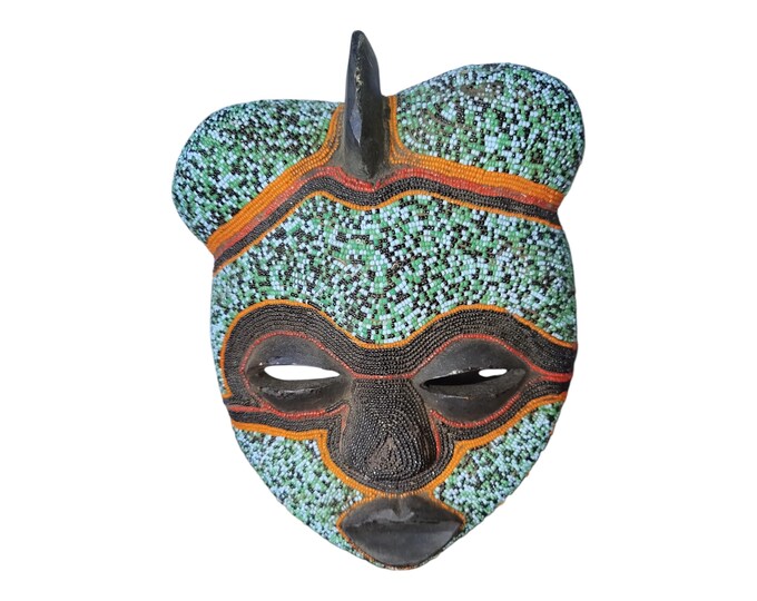 Ancestral Depths: Lulua Beaded Blue Mask with Orange Accents Wall Decor Display Wall Hanging Ceremonial