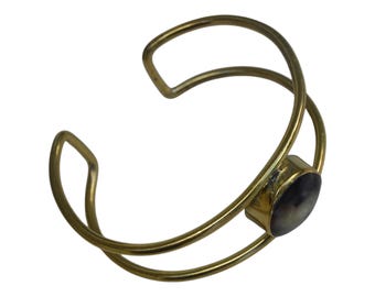 Sculpted Brass Cuff Bracelet: African Stone Accent, Modern Design
