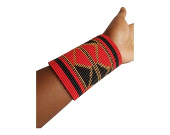 Handmade Red Black Beaded Bracelet, Unique Statement Jewelry