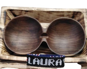 Personalized Beaded Name Bracelet & Wooden Nut Bowl Set | Rustic Wood Serving Dish | African Artisan