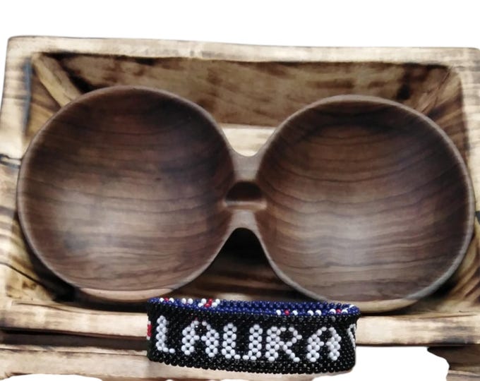 Personalized Beaded Name Bracelet & Wooden Nut Bowl Set | Rustic Wood Serving Dish | African Artisan