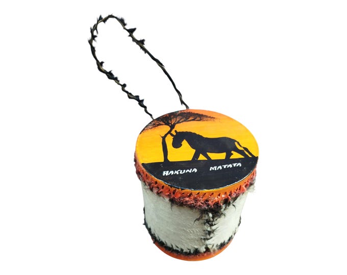 A Donkey Cowhide hand made Kenyan Mini Drum Sunset Hakuna Matata Decor Gift Collectible Handmade Decor