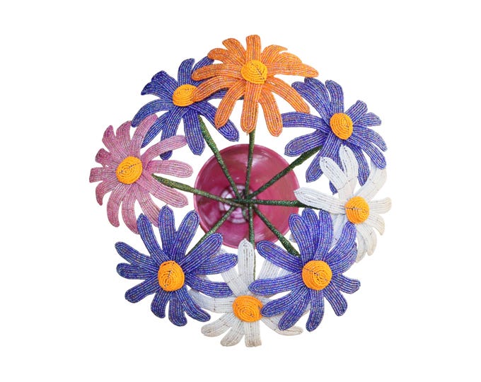 Handcrafted African Beaded Daisy Bouquet, Multi-Color Forever Flowers, Unique Purple, Pink & Orange Permanent Floral