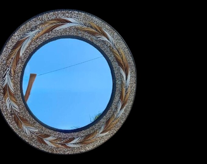 Handcrafted African Beaded Round Wall Mirror, Earthy Feather Pattern Seed Bead Frame, Boho Neutral Home Decor, Housewarming Gift