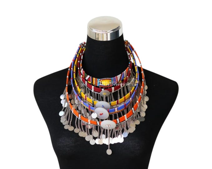 African Multi-Layered Coin Fringe Necklace, Vibrant Beaded Choker with Oval Stones, Dramatic Tribal Necklace