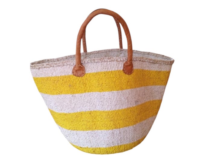 African Sisal Kiondo Handbag Yellow and White Planter Handmade Unique Gift African Decor Shopping Bag Laundry Basket