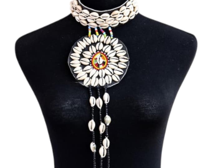 African Cowrie Shell Medallion Pendant Necklace, Tribal Statement Choker & Lariat, Handcrafted Shell, Bead Piece