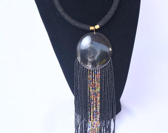 Black Beaded Tassel Necklace: Natural Pendant, Masai Mara Style
