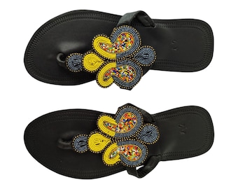 Beaded Leather Sandals: Yellow Black Abstract African Art, Handmade