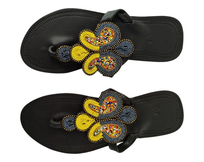 Yellow Black Colorful Abstract Beaded Sandals Women Summer Beach Handmade African Wedding Birthday Gift Leather Finest Beads Art Wow