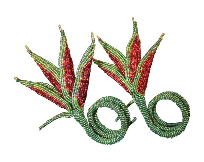 Set of 6pcs Beaded Napkin Rings, Red & Green Wire Seed Bead Flower Napkin Holders, African Tropical Table Decor Gift