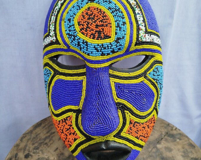 Striking West African Mask with Blue orange yellow Hand-Carved Wood)(Democratic Republic of Congo Art gift wood Wall Hanging Home Decor