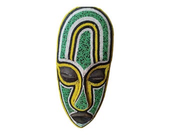 West African Beaded Mask: Green, Yellow & White Congo Art Wall Decor