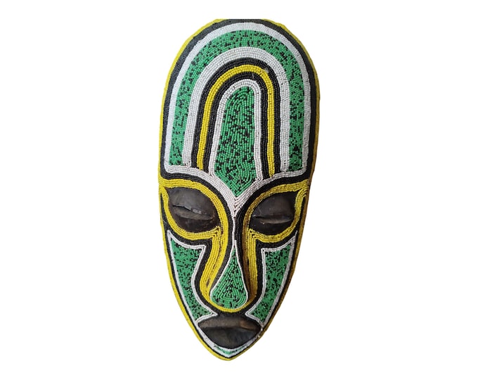 Serene & Striking: West African Beaded Mask in Green, Yellow, and White( Democratic Republic of Congo Art) gift wood Wall Hanging Home Decor