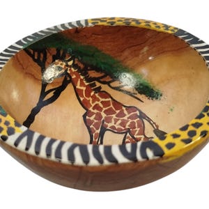 Hand-Painted Wooden Soup Bowl with Giraffe Motif- African Art & Home Decor